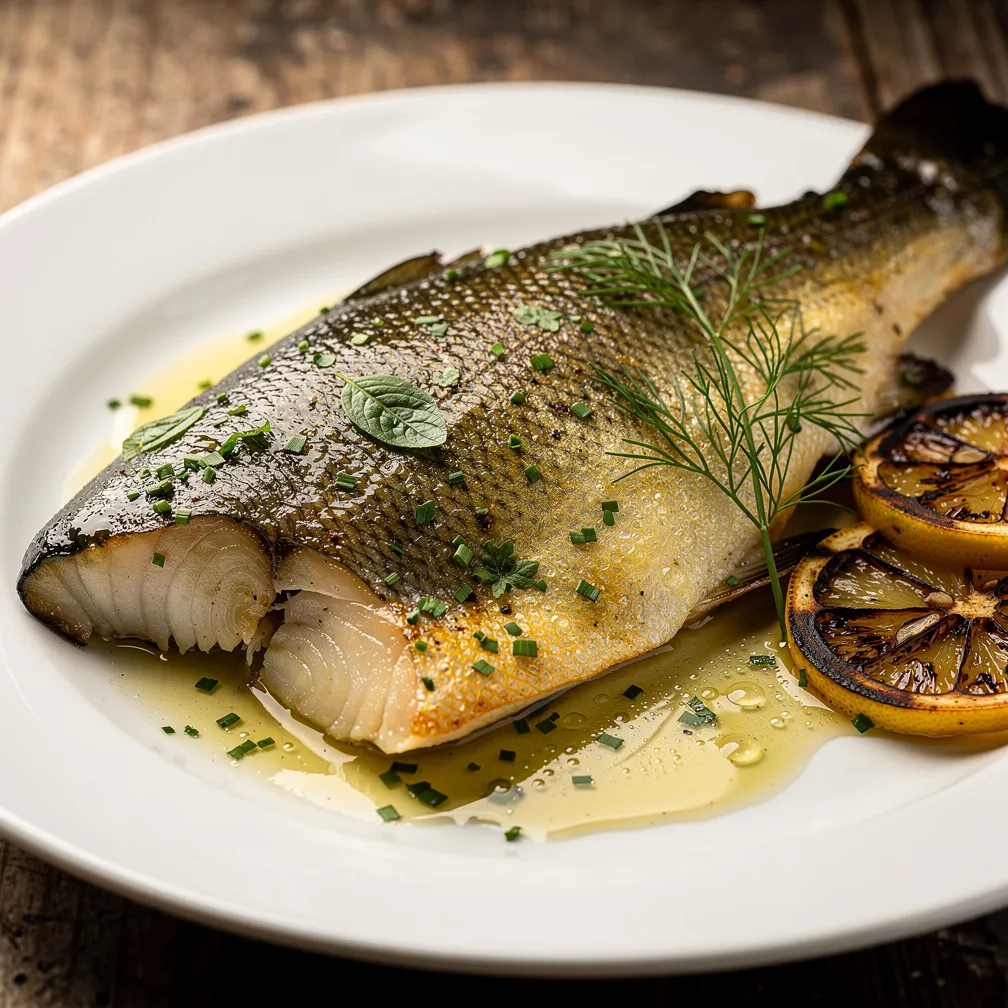 Pan-seared trout fillets with crispy skin, topped with lemon butter sauce and fresh herbs on a white plate