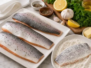 Filets de truite seches, assaisonnes et legerement farines cote peau