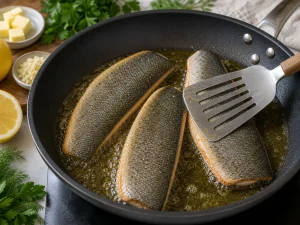 Filets de truite presses cote peau dans la poele