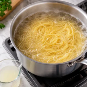 Angel hair pasta boiling in salted water for shrimp scampi
