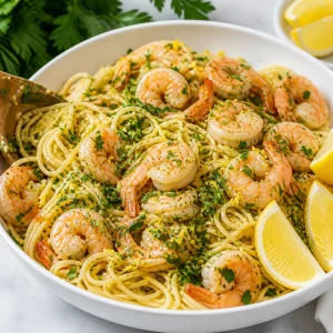 Finished shrimp scampi pasta with fresh parsley and lemon wedges