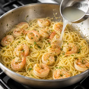 Shrimp and angel hair pasta tossed together in lemon garlic butter sauce