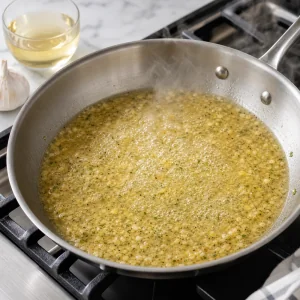 White wine simmering and reducing in a garlic butter skillet sauce