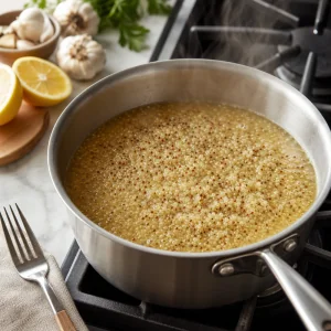 Quinoa simmering in chicken broth for meal prep bowls