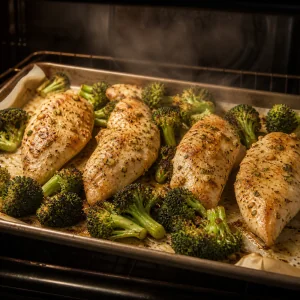 Roasted lemon garlic chicken with broccoli charred at the edges