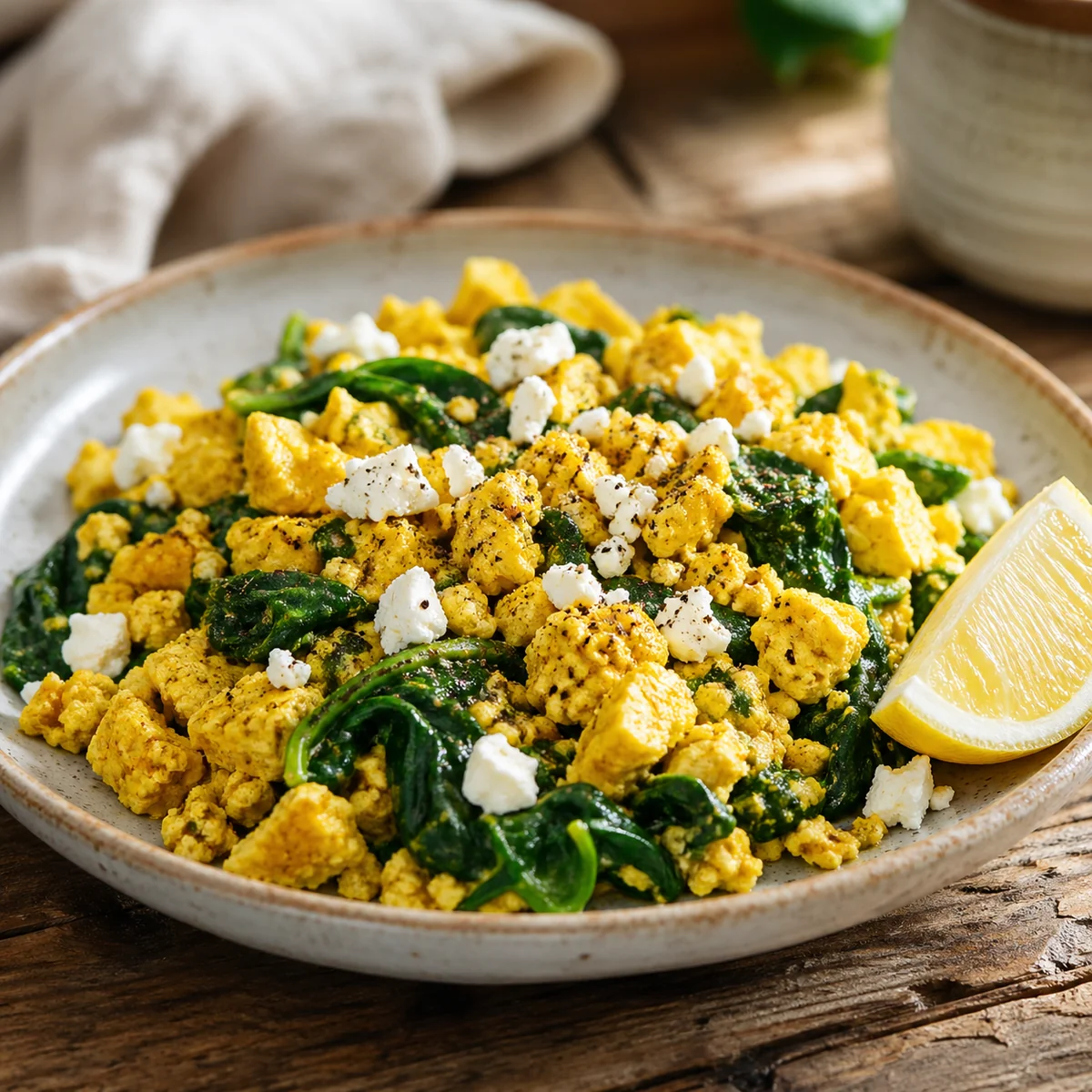 Lemon Garlic Tofu Scramble with Sautéed Spinach