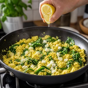 Zitronen-Knoblauch-Tofu-Scramble mit Babyspinat