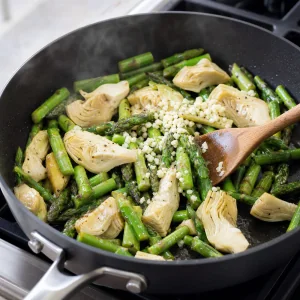 Coeurs d artichauts et ail hache ajoutes aux asperges dans la poele