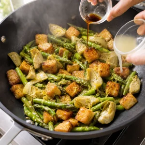 Tofu croustillant melange aux asperges, artichauts, jus de citron et sauce soja