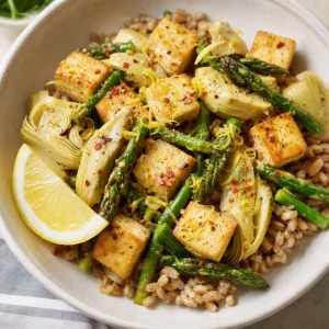 Tofu citron ail avec asperges et artichauts servi sur des cereales