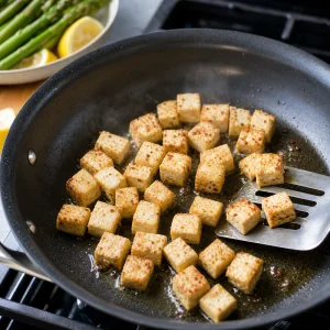 Cubes de tofu poeles jusqu a etre dores et croustillants