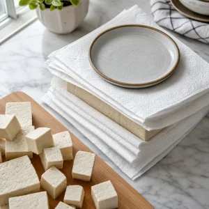 Tofu presse entre des essuie-tout avec des cubes prets a cuire