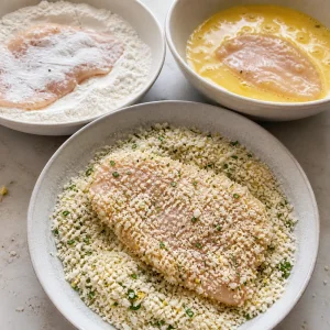 Kotlet z kurczaka obtoczony w przyprawionym panko obok misek z mąką i jajkiem