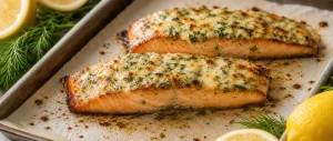 Broiled salmon with lightly golden yogurt herb coating