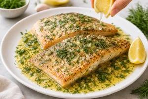 Finished Greek yogurt-marinated salmon served with fresh lemon