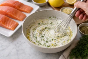 Greek yogurt marinade whisked with lemon, garlic, oregano, and dill