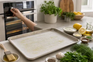 Prepared parchment-lined baking sheet for roasting salmon
