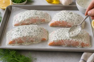 Salmon fillets coated with lemon herb Greek yogurt marinade
