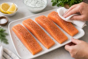 Salmon fillets patted dry and seasoned with salt and pepper