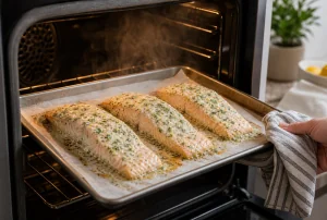 Yogurt-marinated salmon roasting until opaque and flaky