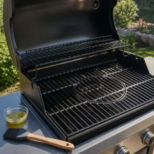 Clean outdoor grill grates lightly oiled and preheated for lemon herb chicken.