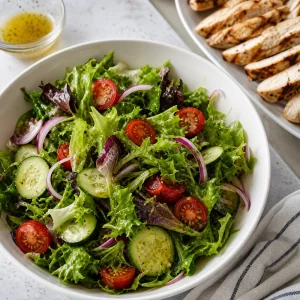 Crisp greens, tomatoes, cucumber, and red onion tossed with lemon vinaigrette before adding chicken.