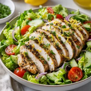 Finished lemon herb grilled chicken salad topped with lemon zest and fresh herbs.