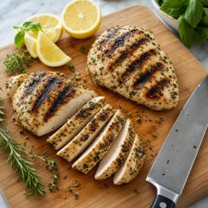 Grilled lemon herb chicken resting on a cutting board and sliced into strips.