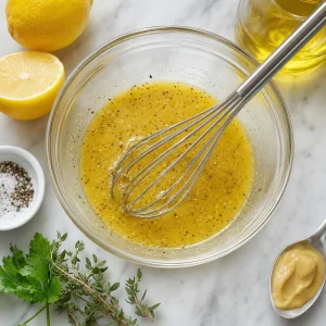 Lemon Dijon vinaigrette whisked with olive oil, lemon juice, salt, and pepper.