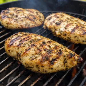 Lemon herb chicken breasts grilling with golden char marks forming on the hot grate.
