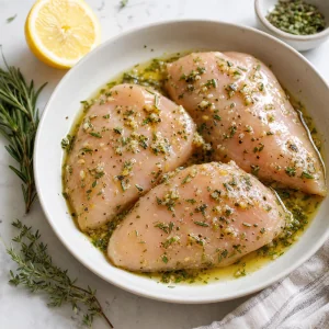 Raw chicken breasts coated in lemon herb garlic marinade before grilling.
