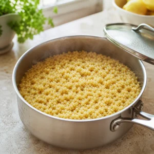 Miglio cotto che riposa in casseruola con il coperchio vicino