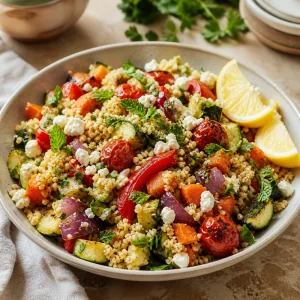 Pilaf di miglio finito con verdure arrosto, feta, erbe e limone