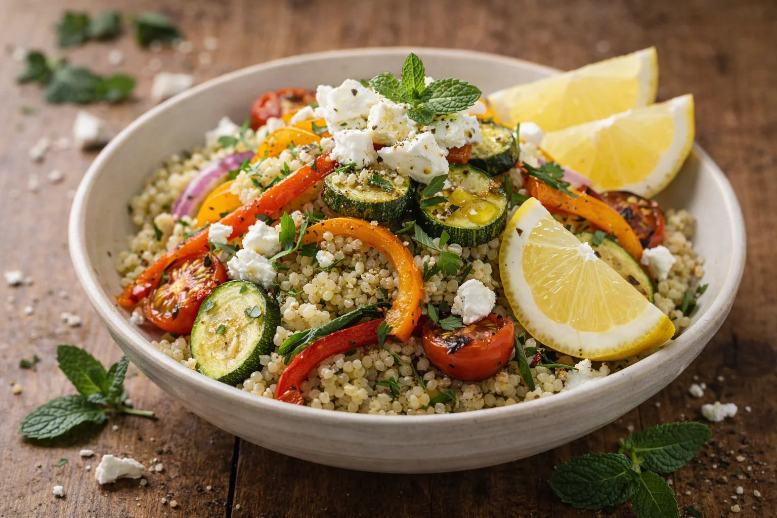 Pilaf de mijo al limón y hierbas con verduras asadas