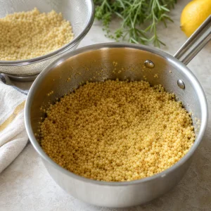 Miglio tostato in casseruola con un colino vicino