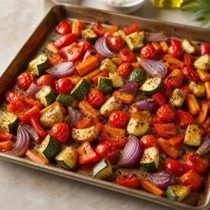 Verdure arrosto con pomodorini blisterati sulla teglia