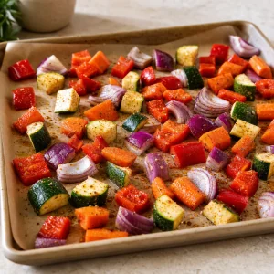 Verdure tagliate e condite su una teglia