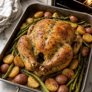Fully roasted lemon herb chicken with tender asparagus and potatoes in the pan