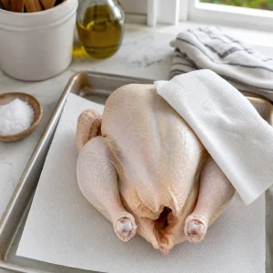 Whole chicken patted dry with paper towels before roasting