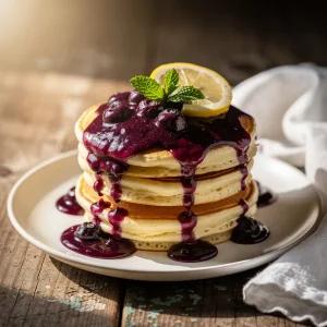 A stack of fluffy lemon ricotta pancakes topped with blueberry compote on a white plate