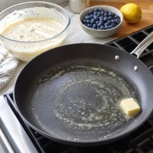 Burro che si scioglie in una padella antiaderente prima di cuocere i pancake