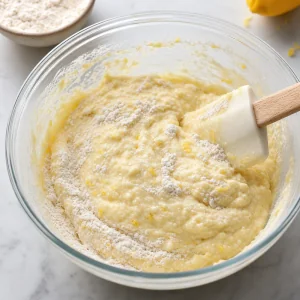 Ingredienti secchi incorporati delicatamente nella pastella di pancake limone e ricotta