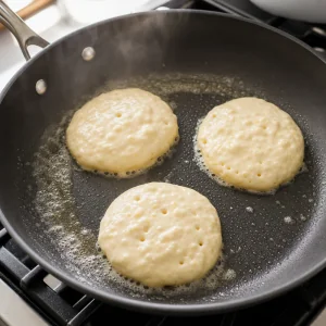 Pastella di pancake limone e ricotta in cottura finche compaiono bolle e i bordi si rassodano