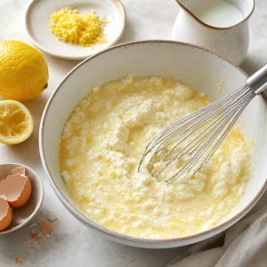 Ricotta, uova, latte, vaniglia, scorza e succo di limone sbattuti insieme