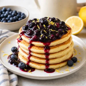 Pancake caldi limone e ricotta impilati con composta fresca di mirtilli sopra
