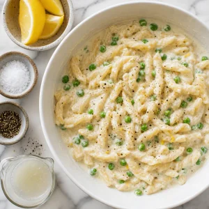 Creamy pasta with lemon, salt, pepper, and pasta water nearby