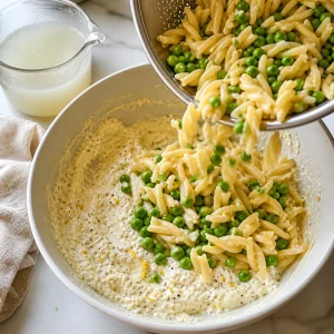 Pasta and peas added to the ricotta mixture
