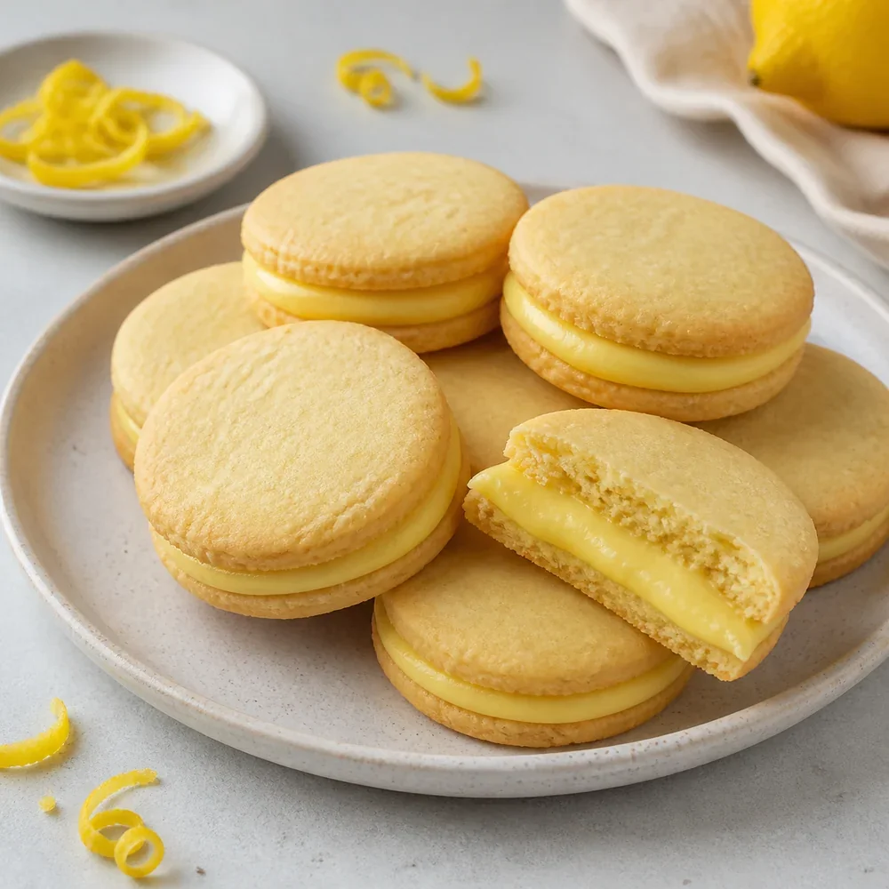 Sablés sandwich au citron garnis de crème sur une assiette