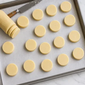 Rondelles de pâte sablée au citron sur une plaque tapissée