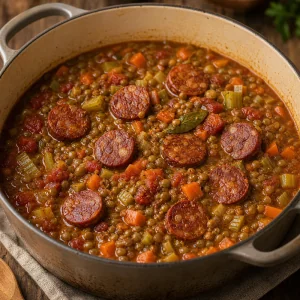 Browned chorizo slices returned to tender lentil stew
